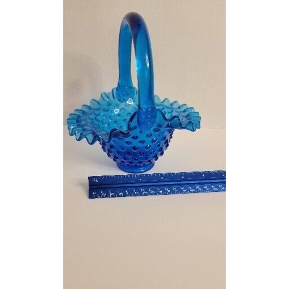 Vintage Fenton Colonial Blue Hobnail‎ Glass Basket Ruffled Edge ~ 7.25" - Picture 7 of 8